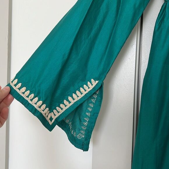 Emerald Green Leaves of Grass Mini Dress with Gold Embroidery - Picture 7 of 9